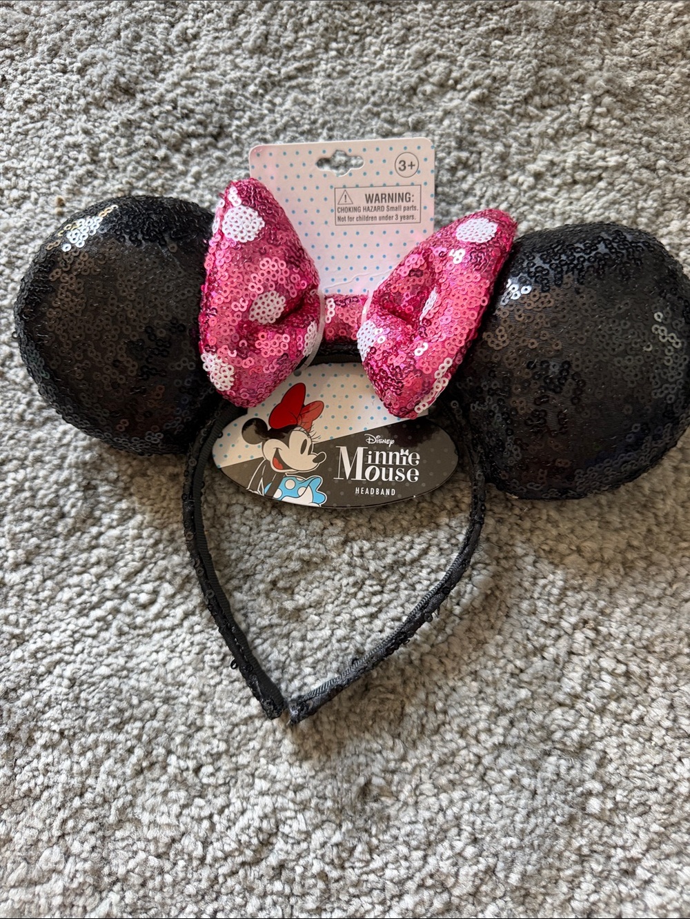 Disney Sequin Minnie Mouse Headband Black Ears with Pink Polka-Dot Bow